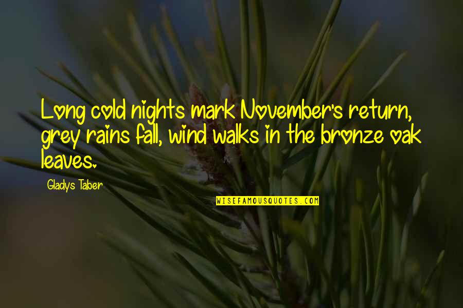 Cold November Rain Quotes By Gladys Taber: Long cold nights mark November's return, grey rains