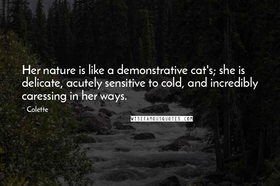 Colette quotes: Her nature is like a demonstrative cat's; she is delicate, acutely sensitive to cold, and incredibly caressing in her ways. Colette quotes: Her nature is like a demonstrative cat's; she is delicate, acutely sensitive to cold, and incredibly caressing in her ways.