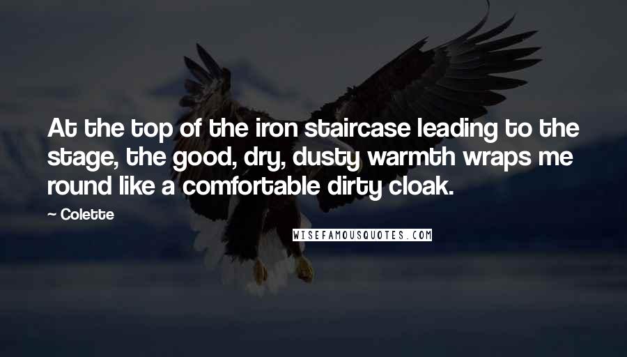Colette quotes: At the top of the iron staircase leading to the stage, the good, dry, dusty warmth wraps me round like a comfortable dirty cloak.
