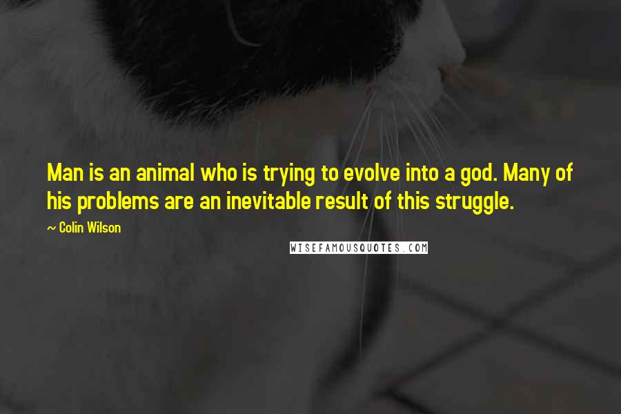 Colin Wilson quotes: Man is an animal who is trying to evolve into a god. Many of his problems are an inevitable result of this struggle. Colin Wilson quotes: Man is an animal who is trying to evolve into a god. Many of his problems are an inevitable result of this struggle.