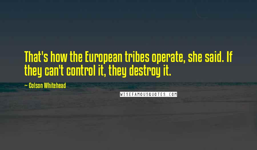 Colson Whitehead quotes: That's how the European tribes operate, she said. If they can't control it, they destroy it.