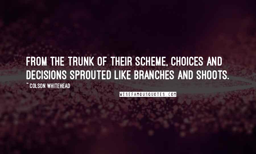 Colson Whitehead quotes: From the trunk of their scheme, choices and decisions sprouted like branches and shoots.