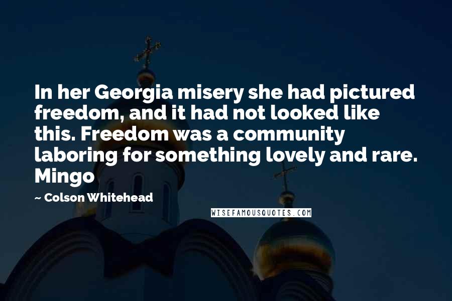 Colson Whitehead quotes: In her Georgia misery she had pictured freedom, and it had not looked like this. Freedom was a community laboring for something lovely and rare. Mingo