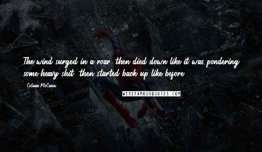 Colum McCann quotes: The wind surged in a roar, then died down like it was pondering some heavy shit, then started back up like before.