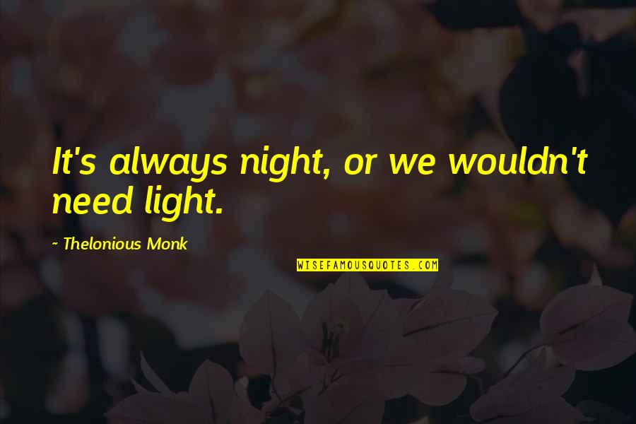 Come Again In My Life Quotes By Thelonious Monk: It's always night, or we wouldn't need light. Come Again In My Life Quotes By Thelonious Monk: It's always night, or we wouldn't need light.