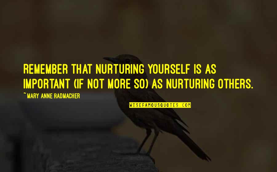 Comeback Quotes By Mary Anne Radmacher: Remember that nurturing yourself is as important (if Comeback Quotes By Mary Anne Radmacher: Remember that nurturing yourself is as important (if