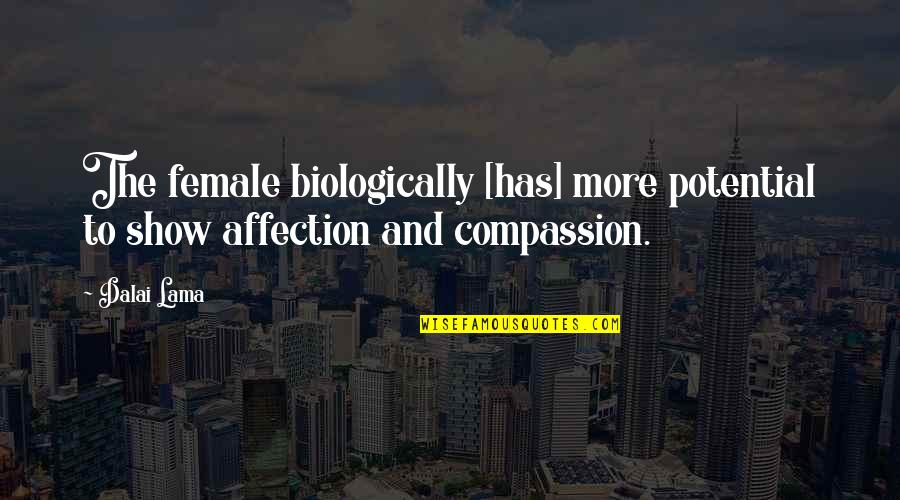 Compassion Dalai Lama Quotes By Dalai Lama: The female biologically [has] more potential to show