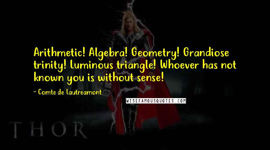 Comte De Lautreamont quotes: Arithmetic! Algebra! Geometry! Grandiose trinity! Luminous triangle! Whoever has not known you is without sense! Comte De Lautreamont quotes: Arithmetic! Algebra! Geometry! Grandiose trinity! Luminous triangle! Whoever has not known you is without sense!