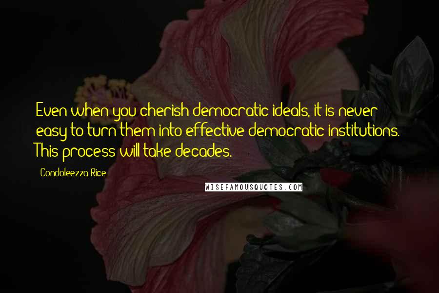 Condoleezza Rice quotes: Even when you cherish democratic ideals, it is never easy to turn them into effective democratic institutions. This process will take decades.