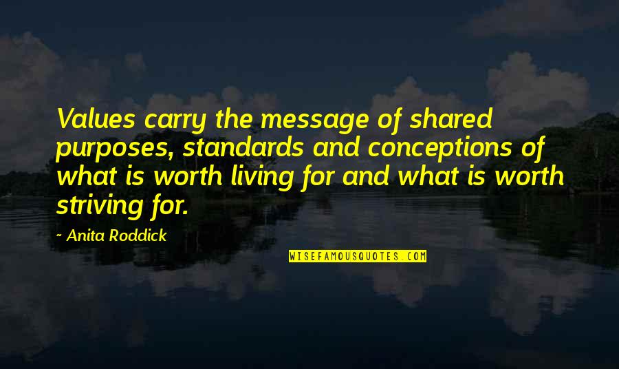 Conduisable Quotes By Anita Roddick: Values carry the message of shared purposes, standards