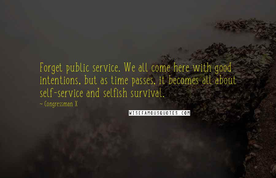 Congressman X quotes: Forget public service. We all come here with good intentions, but as time passes, it becomes all about self-service and selfish survival.
