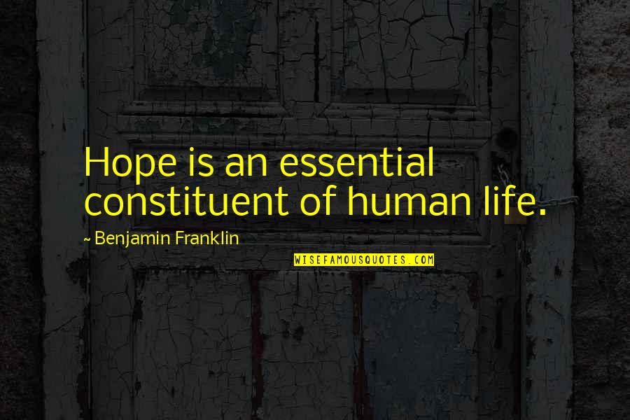 Constituent Quotes By Benjamin Franklin: Hope is an essential constituent of human life.