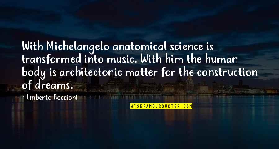 Construction Quotes By Umberto Boccioni: With Michelangelo anatomical science is transformed into music. Construction Quotes By Umberto Boccioni: With Michelangelo anatomical science is transformed into music.