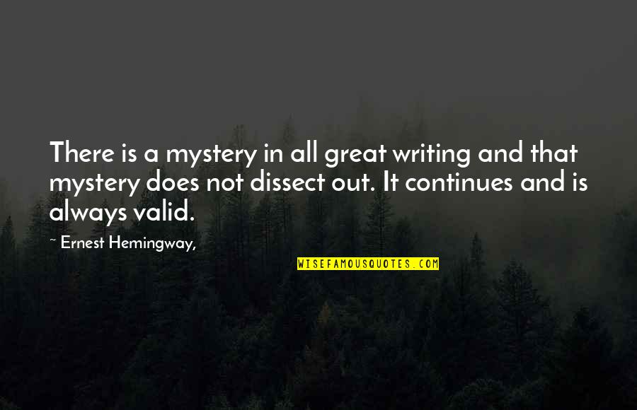 Continues Quotes By Ernest Hemingway,: There is a mystery in all great writing