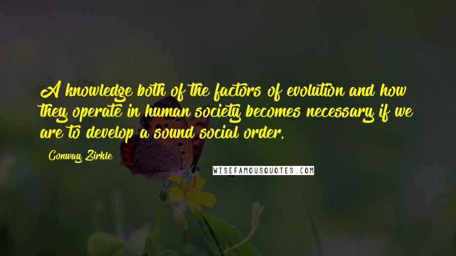 Conway Zirkle quotes: A knowledge both of the factors of evolution and how they operate in human society becomes necessary if we are to develop a sound social order. Conway Zirkle quotes: A knowledge both of the factors of evolution and how they operate in human society becomes necessary if we are to develop a sound social order.