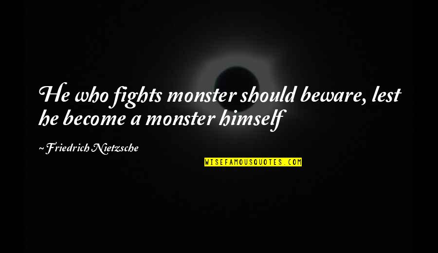 Cool Surfing Quotes By Friedrich Nietzsche: He who fights monster should beware, lest he Cool Surfing Quotes By Friedrich Nietzsche: He who fights monster should beware, lest he