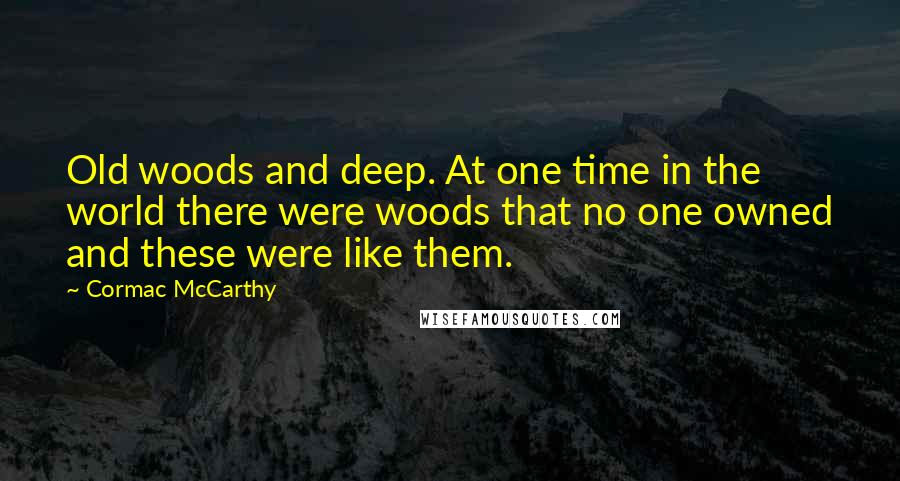 Cormac McCarthy quotes: Old woods and deep. At one time in the world there were woods that no one owned and these were like them. Cormac McCarthy quotes: Old woods and deep. At one time in the world there were woods that no one owned and these were like them.