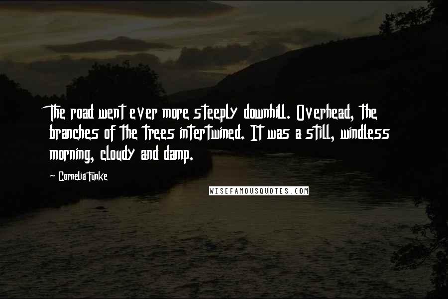 Cornelia Funke quotes: The road went ever more steeply downhill. Overhead, the branches of the trees intertwined. It was a still, windless morning, cloudy and damp.