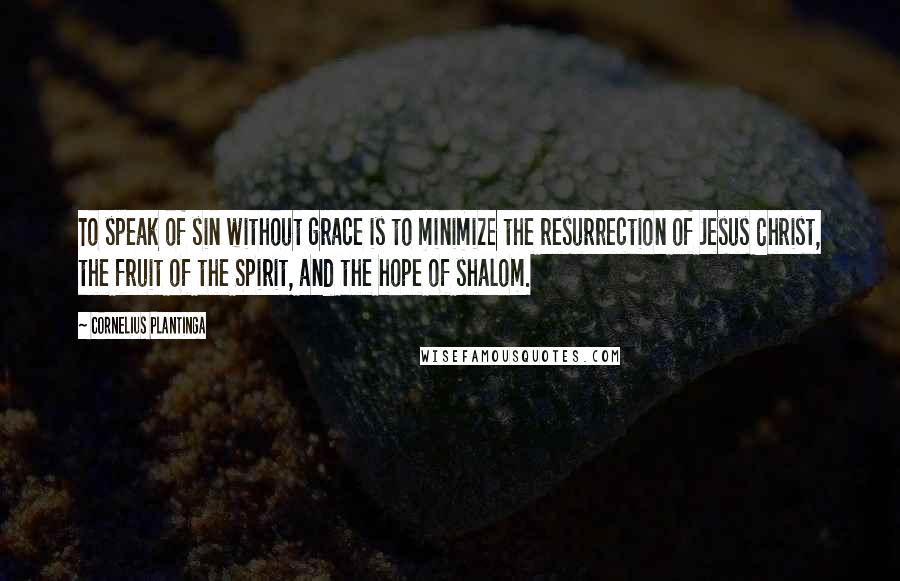 Cornelius Plantinga quotes: To speak of sin without grace is to minimize the resurrection of Jesus Christ, the fruit of the Spirit, and the hope of shalom.