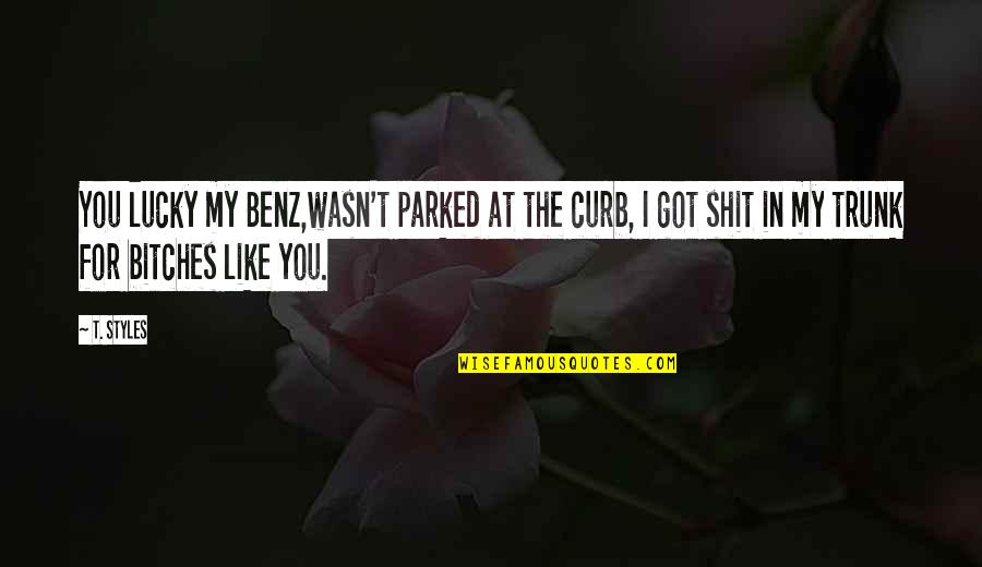 Corner Nooks Quotes By T. Styles: You lucky my Benz,wasn't parked at the curb, Corner Nooks Quotes By T. Styles: You lucky my Benz,wasn't parked at the curb,