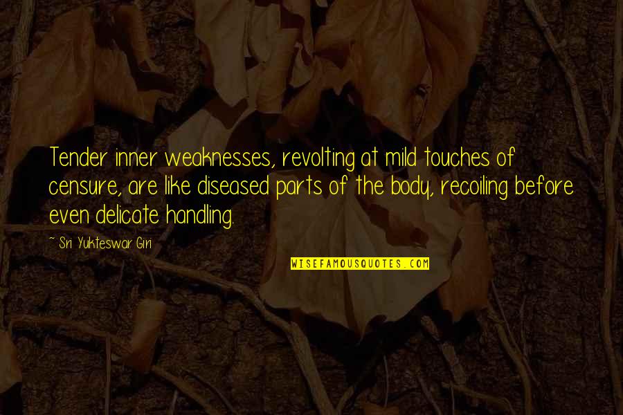 Corrigir Frases Quotes By Sri Yukteswar Giri: Tender inner weaknesses, revolting at mild touches of