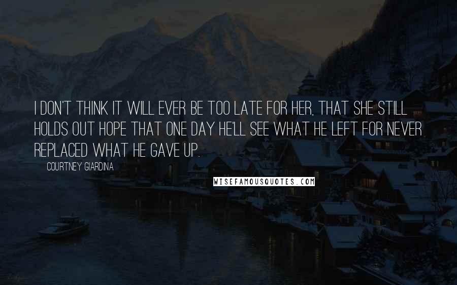 Courtney Giardina quotes: I don't think it will ever be too late for her, that she still holds out hope that one day he'll see what he left for never replaced what he