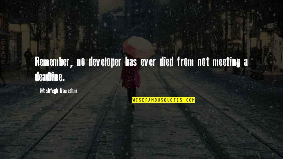 Covertly Drops Quotes By Moshfegh Hamedani: Remember, no developer has ever died from not