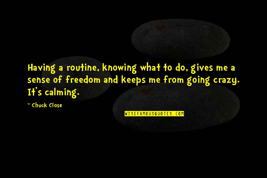 Crazy And Quotes By Chuck Close: Having a routine, knowing what to do, gives Crazy And Quotes By Chuck Close: Having a routine, knowing what to do, gives