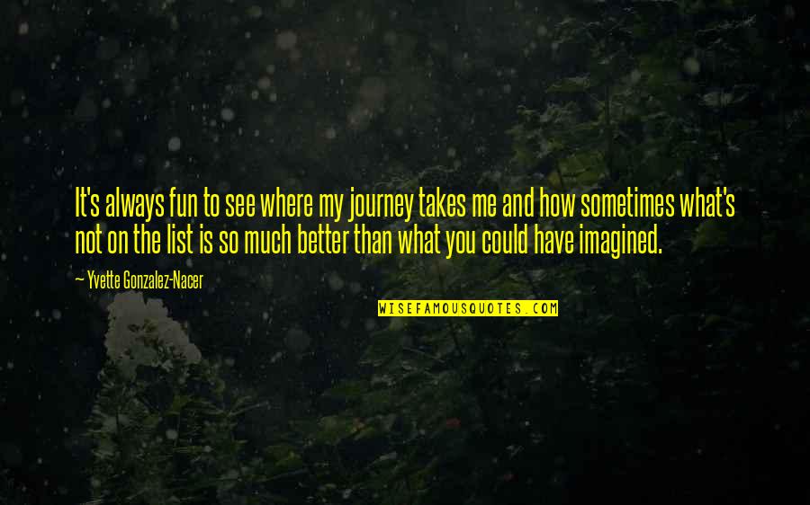Creadas A Imagen Quotes By Yvette Gonzalez-Nacer: It's always fun to see where my journey Creadas A Imagen Quotes By Yvette Gonzalez-Nacer: It's always fun to see where my journey
