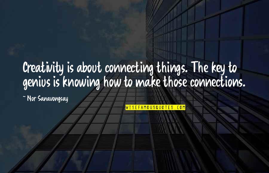 Creativity Inspirational Quotes By Nor Sanavongsay: Creativity is about connecting things. The key to Creativity Inspirational Quotes By Nor Sanavongsay: Creativity is about connecting things. The key to