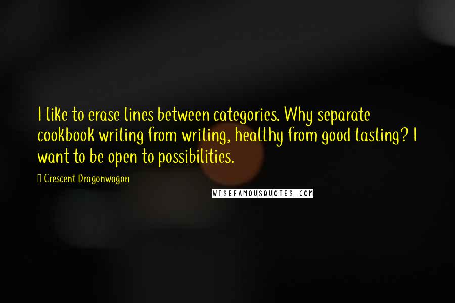Crescent Dragonwagon quotes: I like to erase lines between categories. Why separate cookbook writing from writing, healthy from good tasting? I want to be open to possibilities. Crescent Dragonwagon quotes: I like to erase lines between categories. Why separate cookbook writing from writing, healthy from good tasting? I want to be open to possibilities.