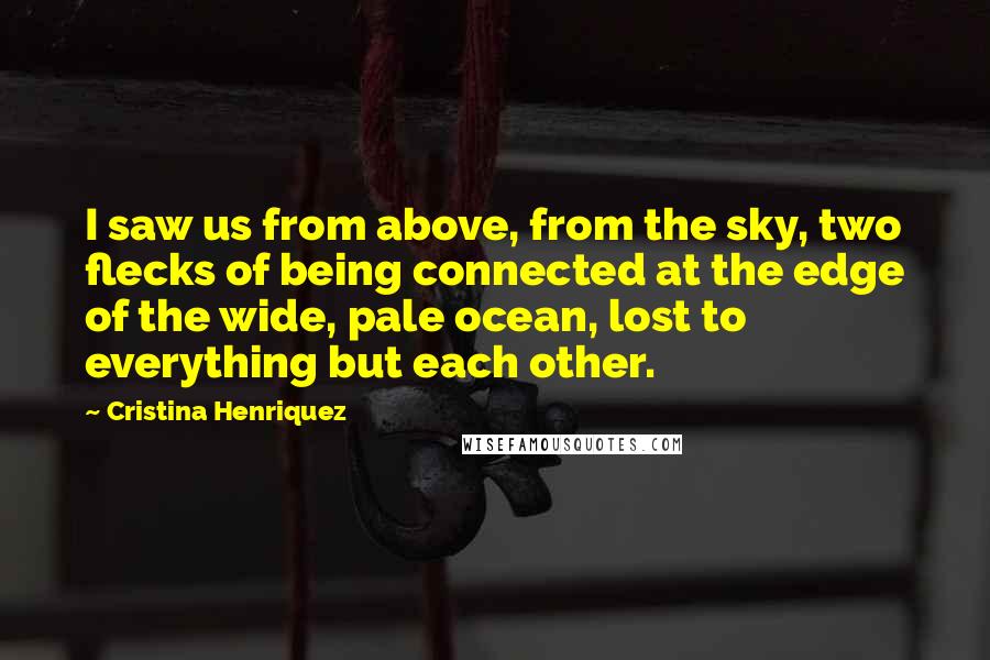 Cristina Henriquez quotes: I saw us from above, from the sky, two flecks of being connected at the edge of the wide, pale ocean, lost to everything but each other. Cristina Henriquez quotes: I saw us from above, from the sky, two flecks of being connected at the edge of the wide, pale ocean, lost to everything but each other.