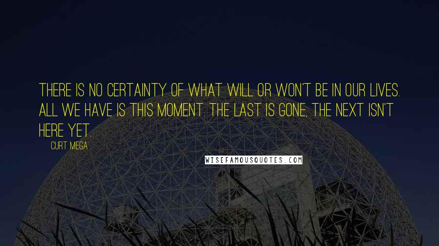 Curt Mega quotes: There is no certainty of what will or won't be in our lives. All we have is this moment. The last is gone, the next isn't here yet.