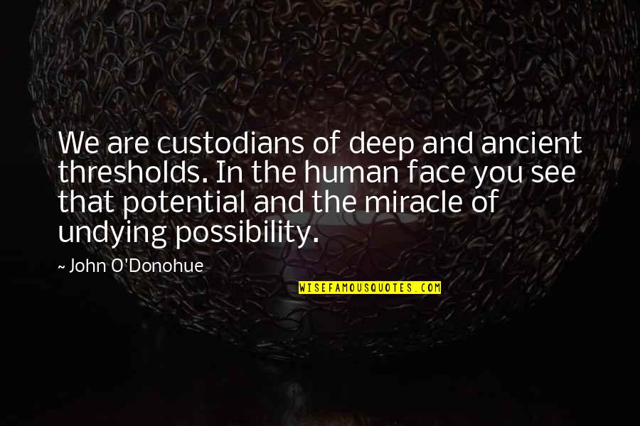 Custodians Quotes By John O'Donohue: We are custodians of deep and ancient thresholds.