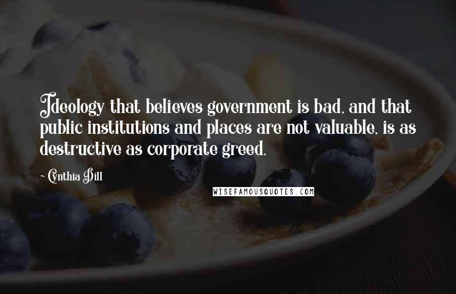 Cynthia Dill quotes: Ideology that believes government is bad, and that public institutions and places are not valuable, is as destructive as corporate greed.