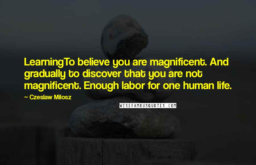 Czeslaw Milosz quotes: LearningTo believe you are magnificent. And gradually to discover that you are not magnificent. Enough labor for one human life.