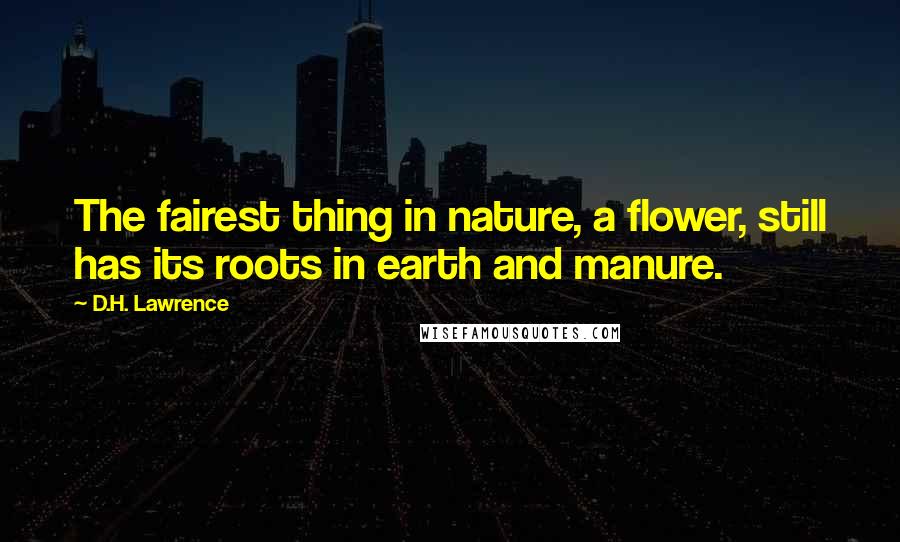 D.H. Lawrence quotes: The fairest thing in nature, a flower, still has its roots in earth and manure.