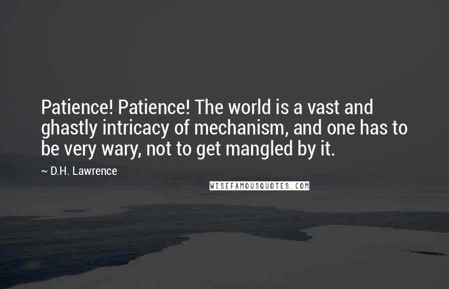 D.H. Lawrence quotes: Patience! Patience! The world is a vast and ghastly intricacy of mechanism, and one has to be very wary, not to get mangled by it.