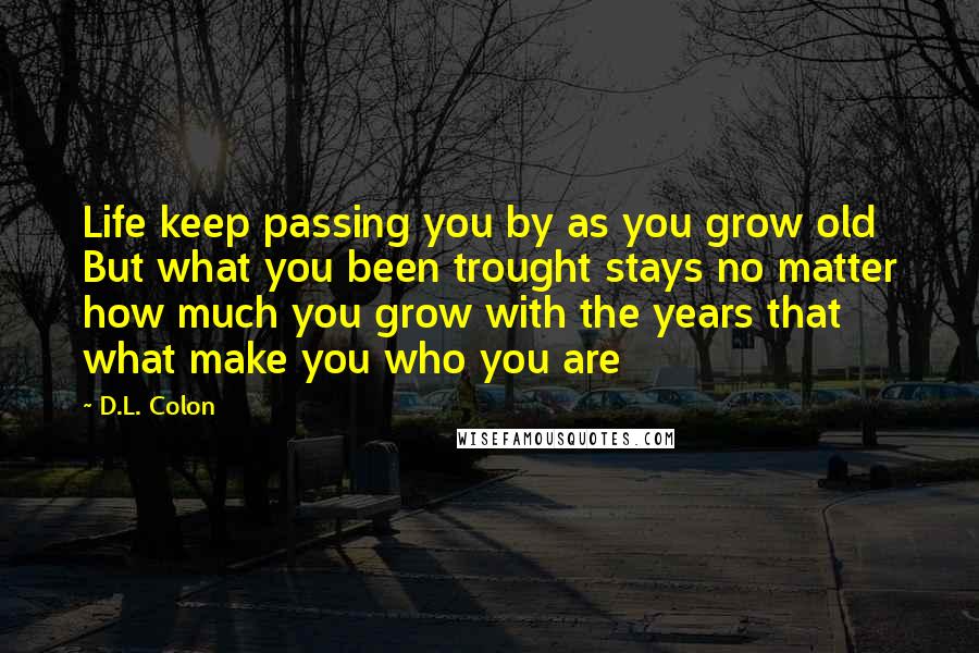 D.L. Colon quotes: Life keep passing you by as you grow old But what you been trought stays no matter how much you grow with the years that what make you who you D.L. Colon quotes: Life keep passing you by as you grow old But what you been trought stays no matter how much you grow with the years that what make you who you