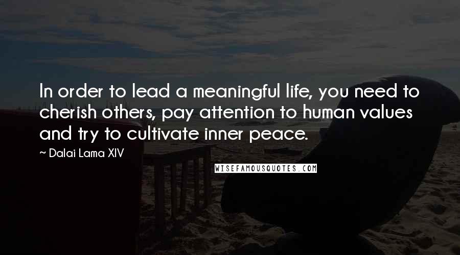 Dalai Lama XIV quotes: In order to lead a meaningful life, you need to cherish others, pay attention to human values and try to cultivate inner peace.