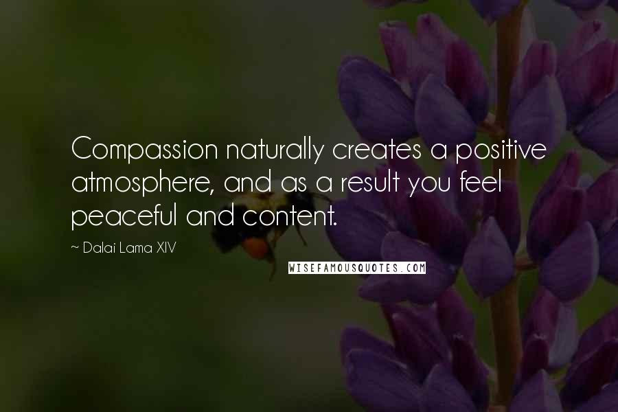 Dalai Lama XIV quotes: Compassion naturally creates a positive atmosphere, and as a result you feel peaceful and content.