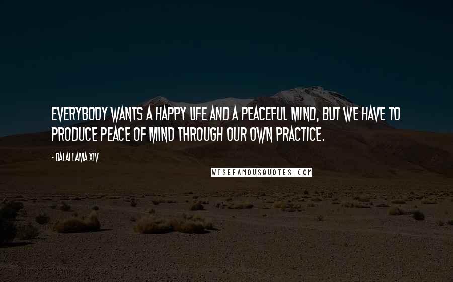 Dalai Lama XIV quotes: Everybody wants a happy life and a peaceful mind, but we have to produce peace of mind through our own practice.