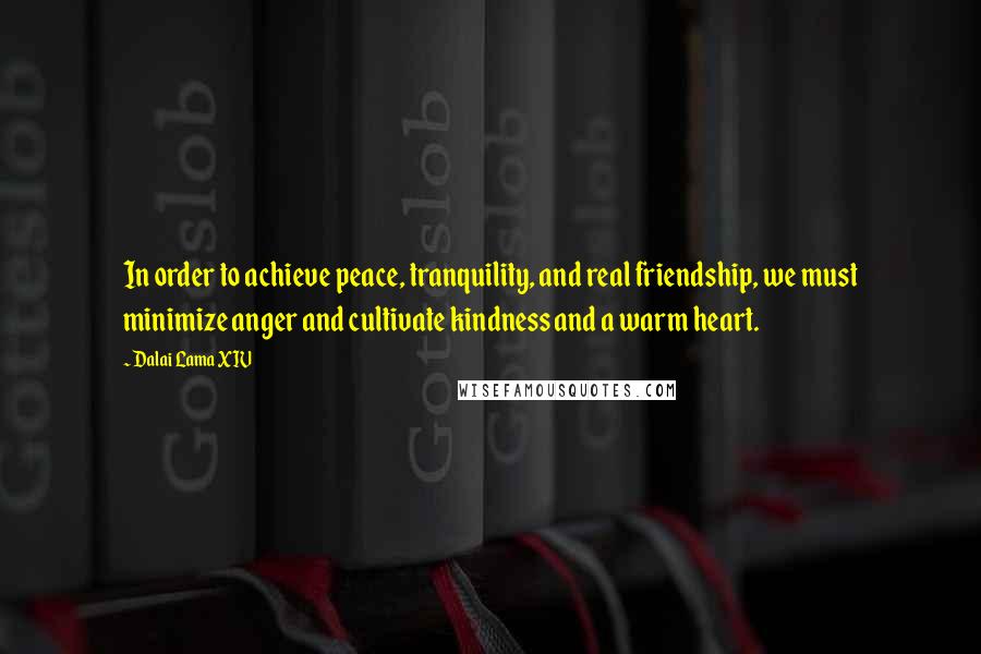 Dalai Lama XIV quotes: In order to achieve peace, tranquility, and real friendship, we must minimize anger and cultivate kindness and a warm heart.