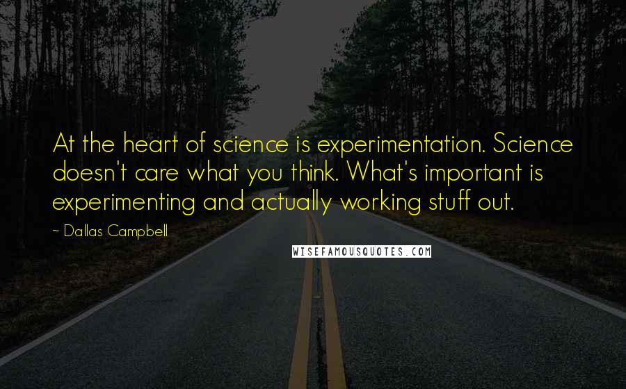 Dallas Campbell quotes: At the heart of science is experimentation. Science doesn't care what you think. What's important is experimenting and actually working stuff out.