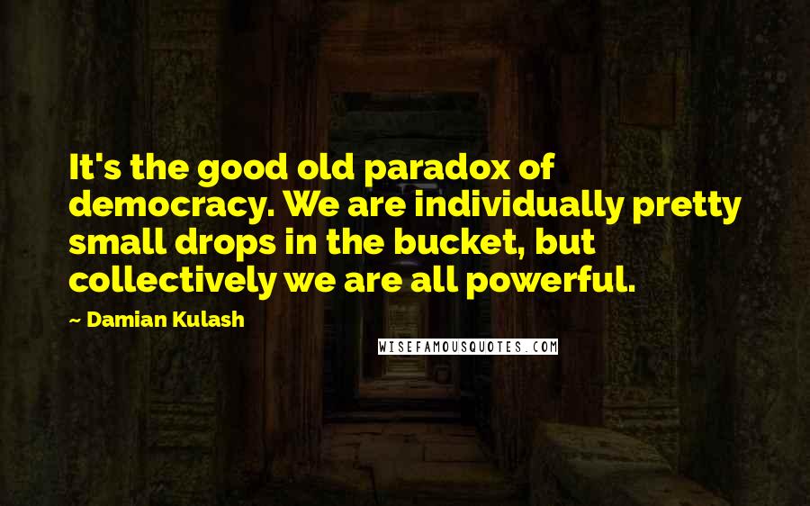 Damian Kulash quotes: It's the good old paradox of democracy. We are individually pretty small drops in the bucket, but collectively we are all powerful.