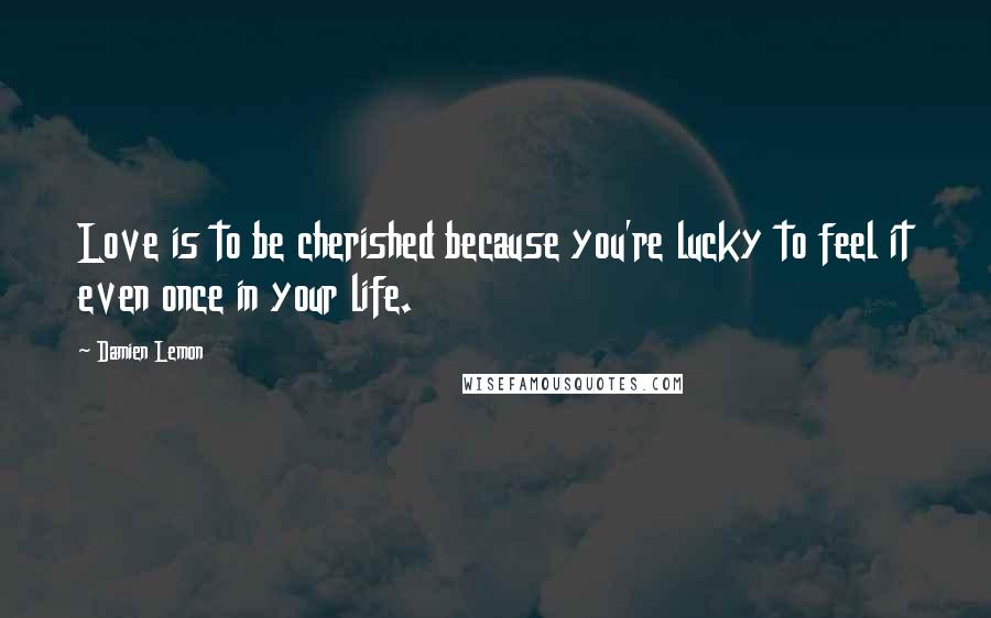 Damien Lemon quotes: Love is to be cherished because you're lucky to feel it even once in your life.
