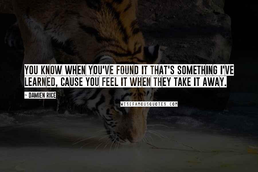 Damien Rice quotes: You know when you've found it that's something I've learned, cause you feel it when they take it away. Damien Rice quotes: You know when you've found it that's something I've learned, cause you feel it when they take it away.