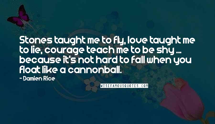 Damien Rice quotes: Stones taught me to fly, love taught me to lie, courage teach me to be shy ... because it's not hard to fall when you float like a cannonball. Damien Rice quotes: Stones taught me to fly, love taught me to lie, courage teach me to be shy ... because it's not hard to fall when you float like a cannonball.