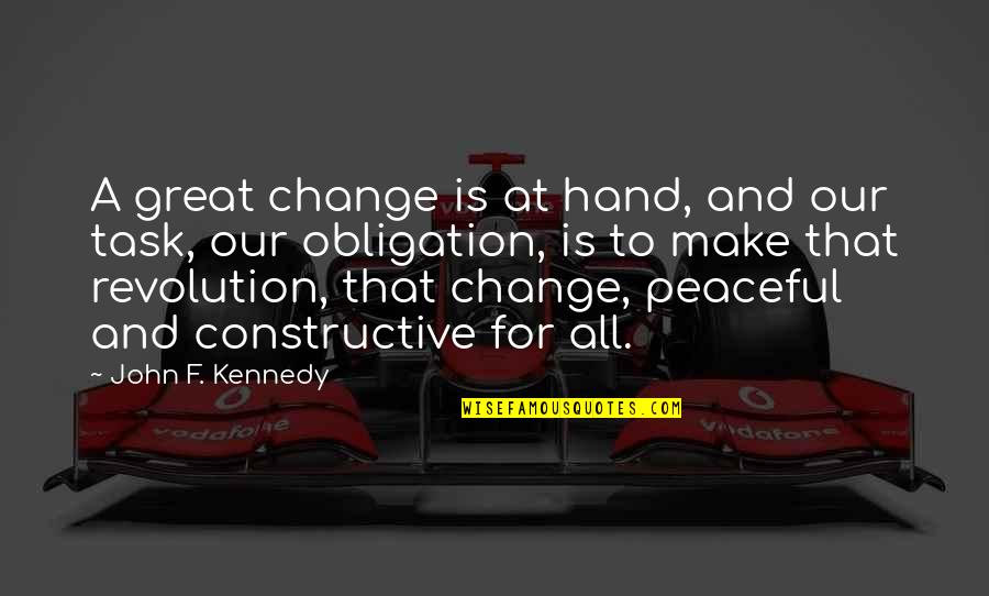 Damnatory Quotes By John F. Kennedy: A great change is at hand, and our