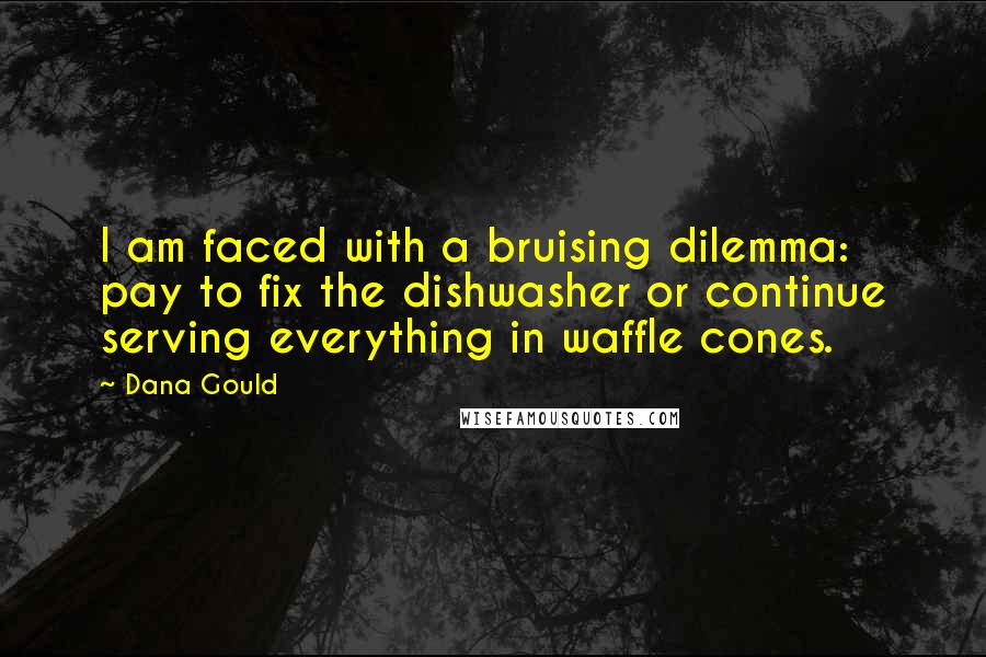 Dana Gould quotes: I am faced with a bruising dilemma: pay to fix the dishwasher or continue serving everything in waffle cones.